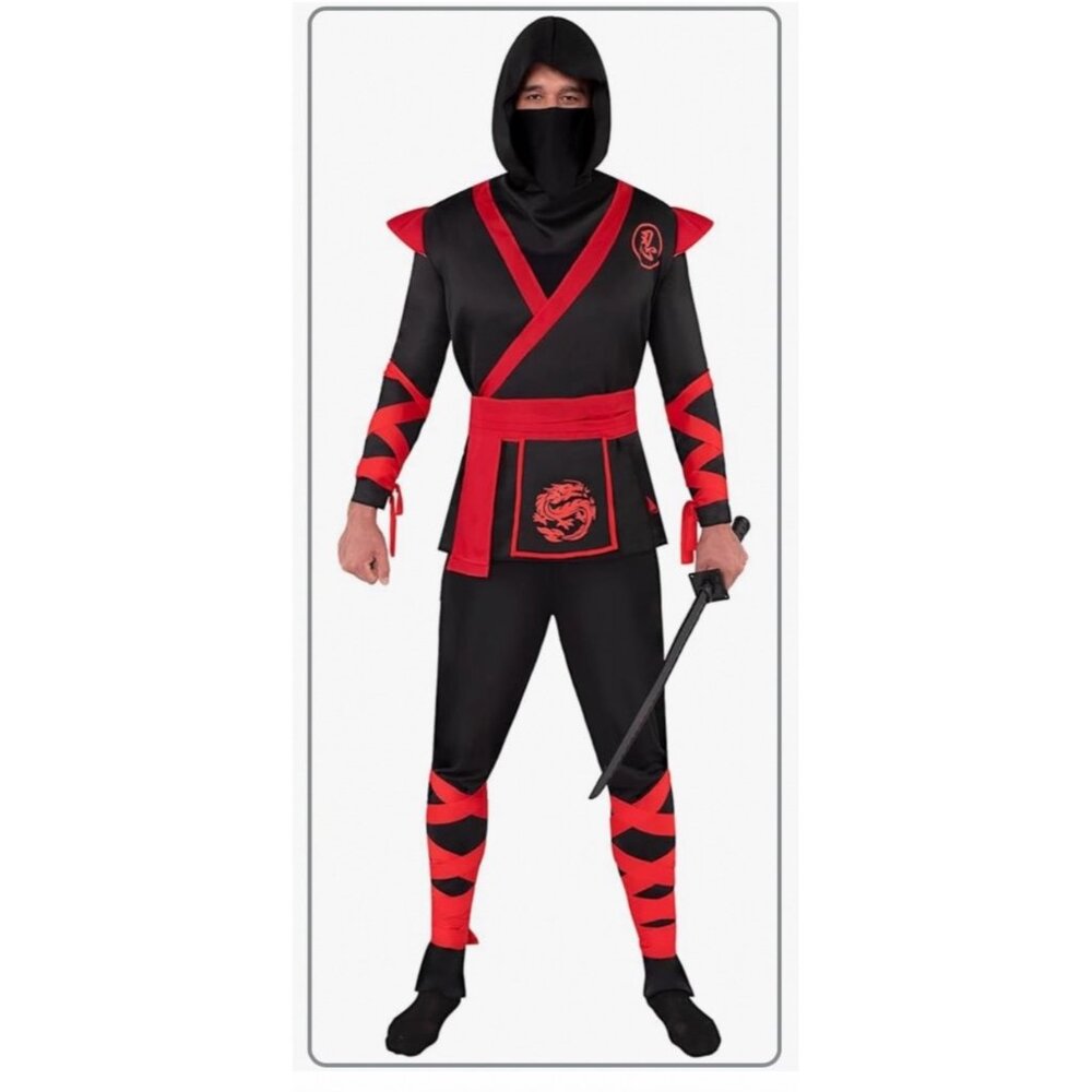 Adult Ninja Warrior Costume Red & Black Top Sash Pants & Mask - Missing Undershi
